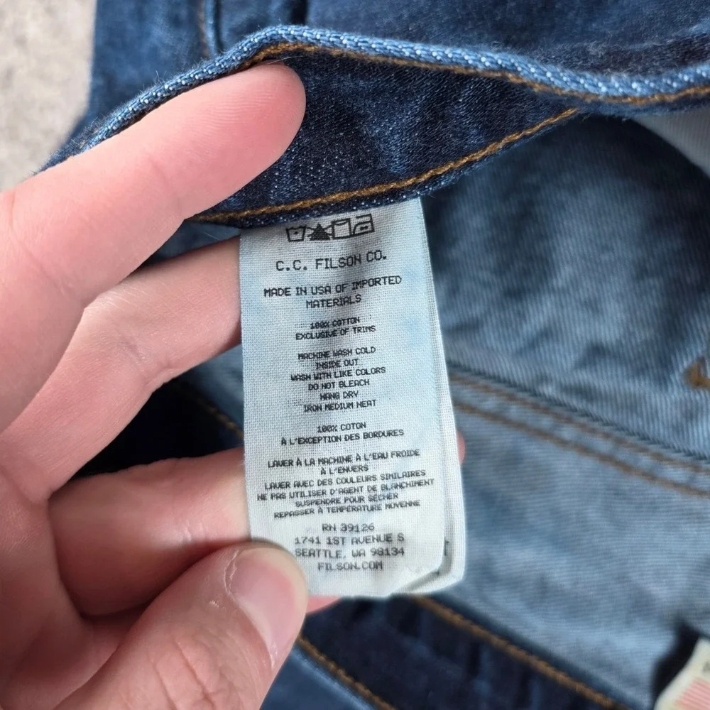 Filson Mens Jeans 34x34 Raw Indigo Made‎ in USA Denim Straight Leg Medium Wash